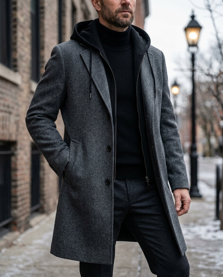 Everett Men's Virgin Wool Hooded Overcoat
