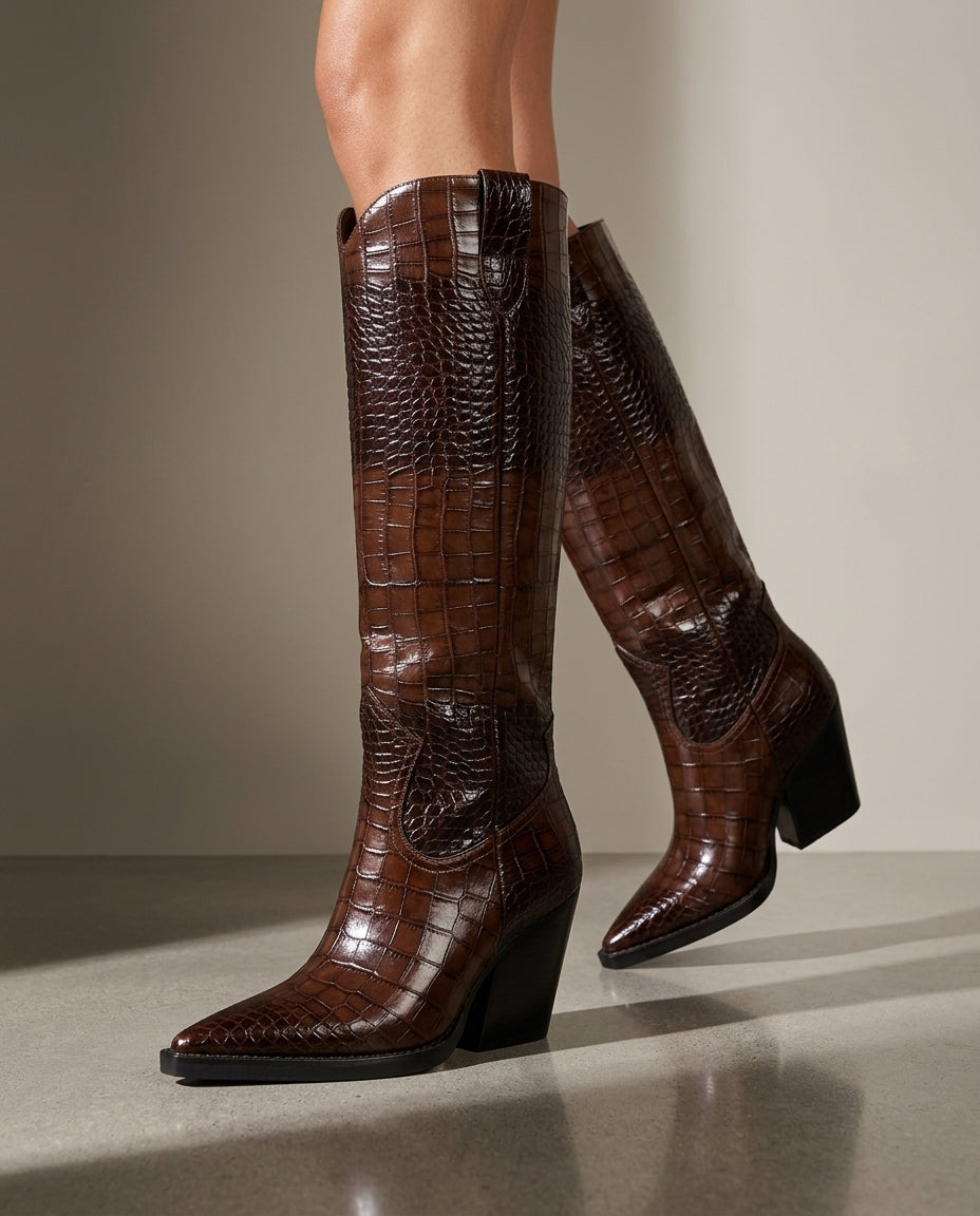 Romy Women's Croc Embossed Knee High Boots