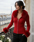 Adeline Women's Fur Trim Zip Cardigan