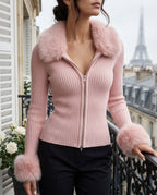 Adeline Women's Fur Trim Zip Cardigan