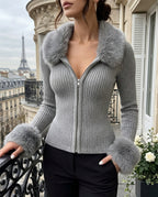 Adeline Women's Fur Trim Zip Cardigan