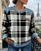 Everly Women's Plaid Denim Patchwork Sweatshirt
