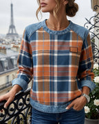 Everly Women's Plaid Denim Patchwork Sweatshirt