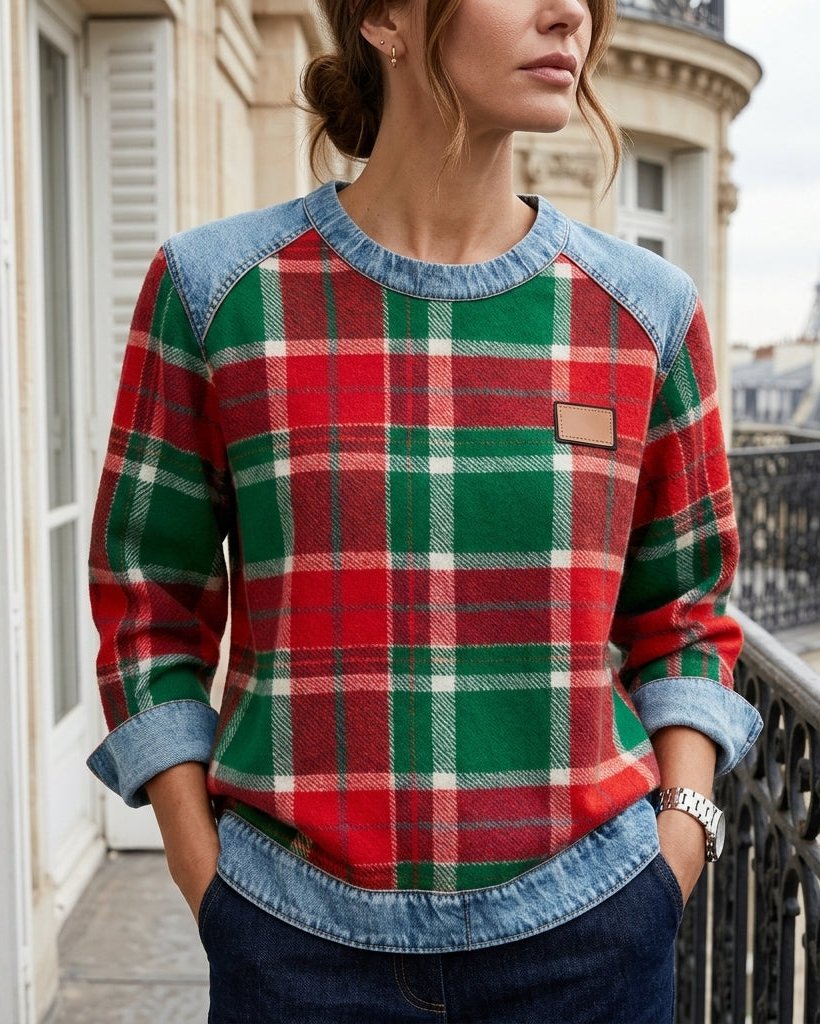 Everly Women's Plaid Denim Patchwork Sweatshirt