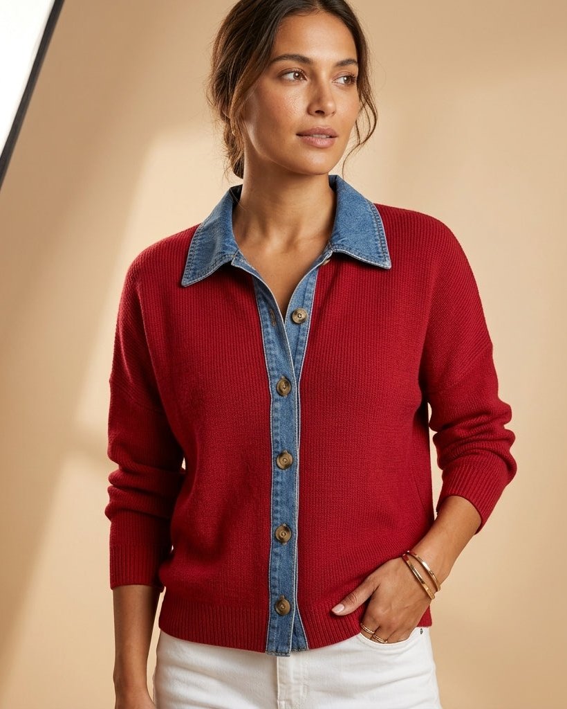 Delaney Women's Fall Denim Trim Knit Cardigan