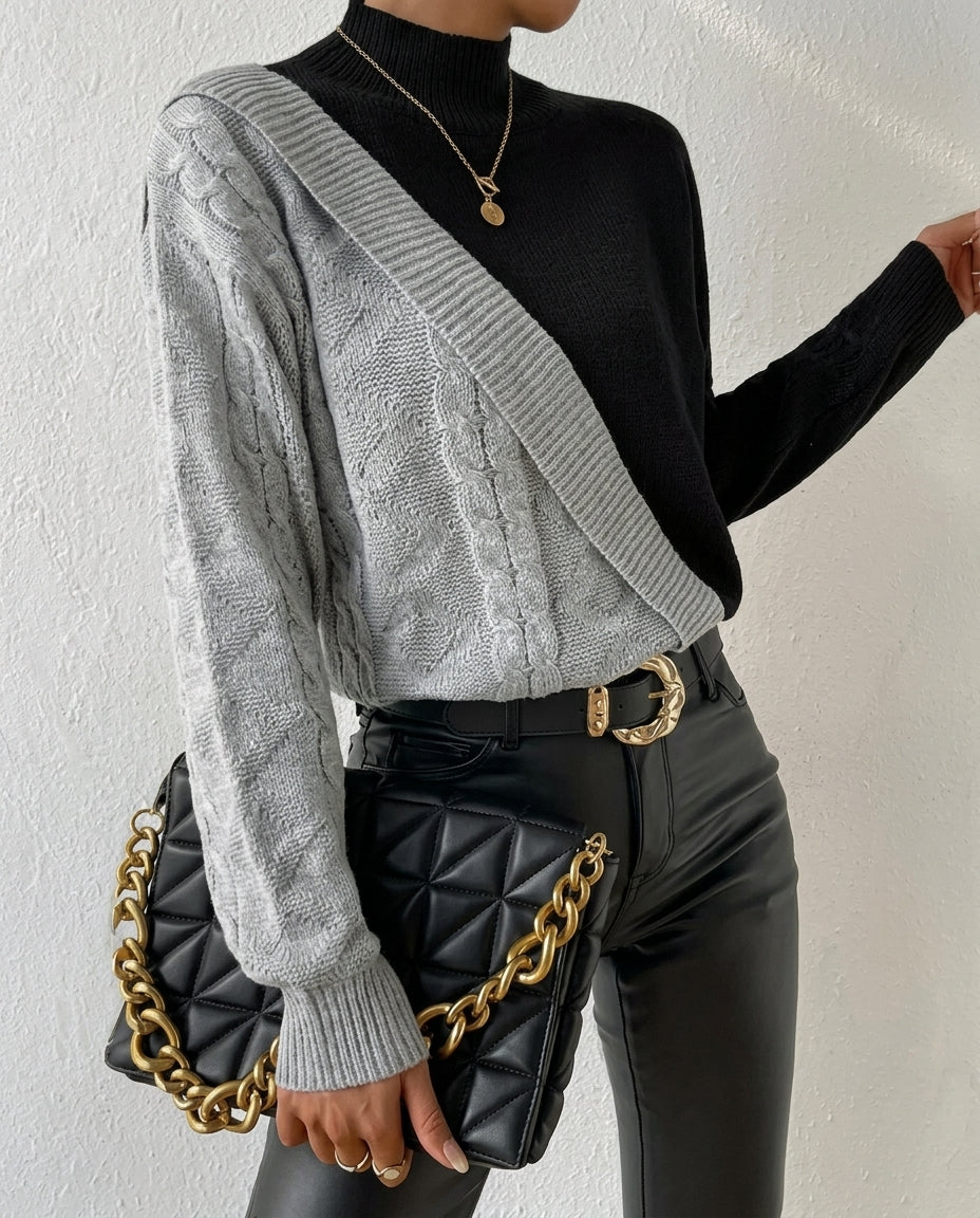 Yseult Two-Tone Cable Asymmetric Pullover Sweater for Women