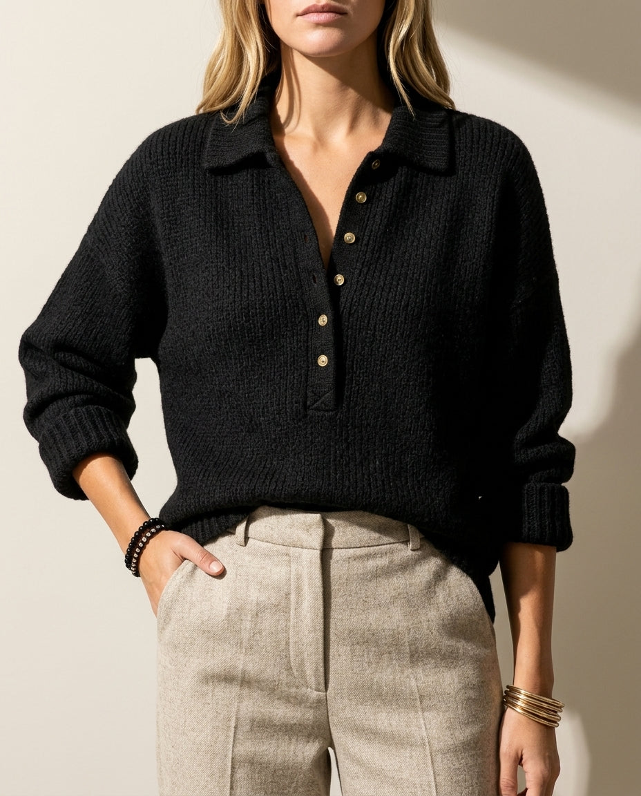 Sienna Button Neck Polo Pullover Sweater for Women