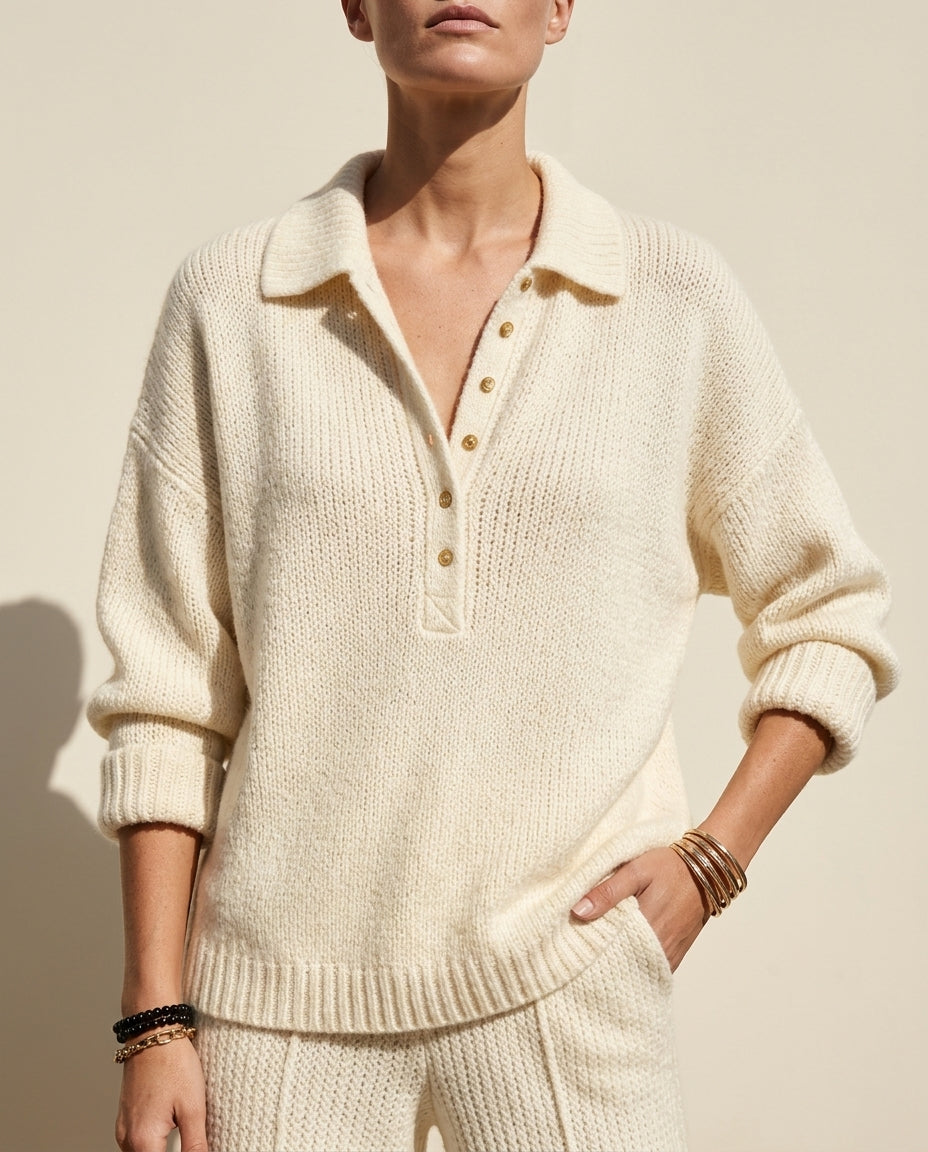 Sienna Button Neck Polo Pullover Sweater for Women