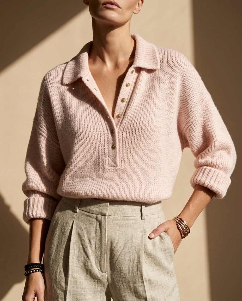 Sienna Button Neck Polo Pullover Sweater for Women