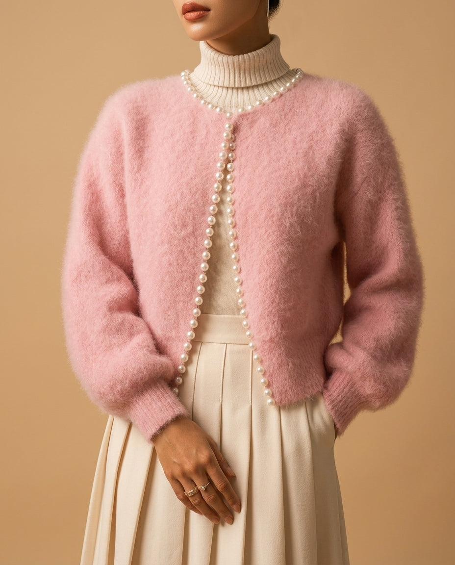 Genevieve Women's Cashmere Pearl Cardigan Sweater