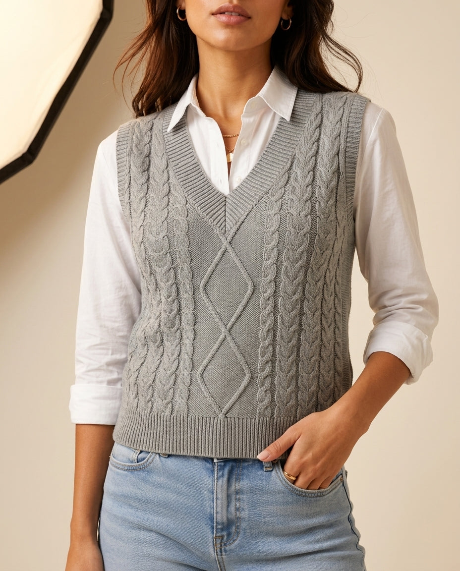 Marlowe Women's Cable Knit V-Neck Sweater Vest