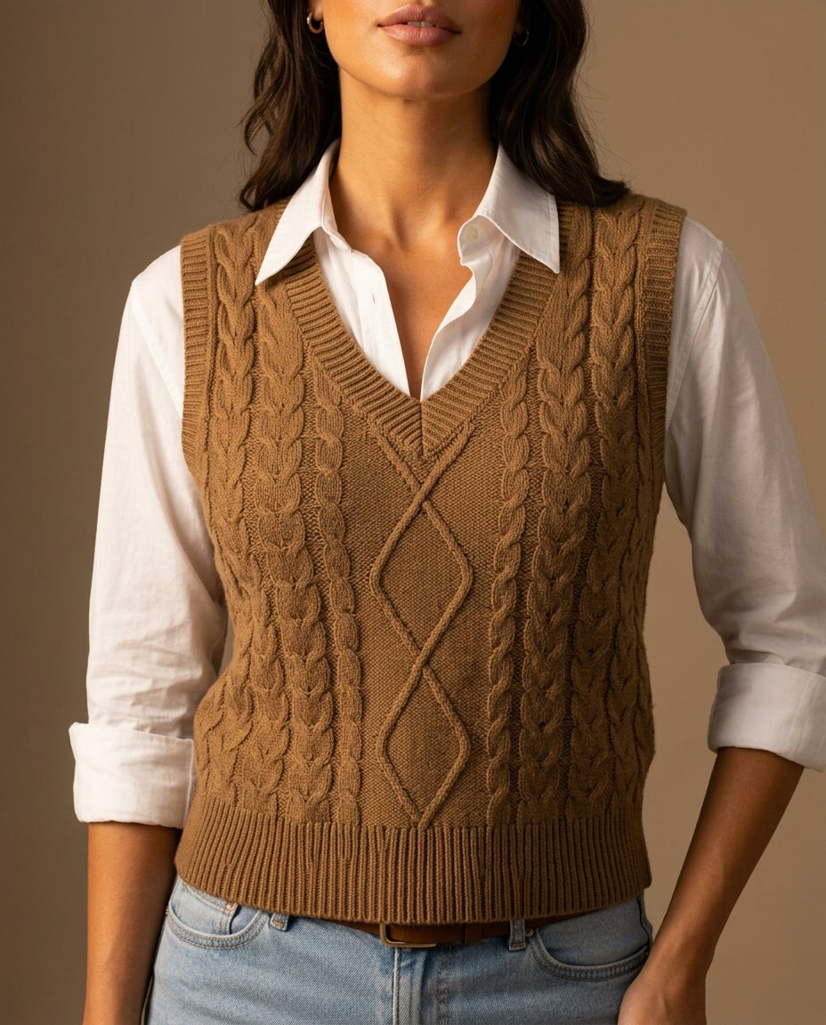 Marlowe Women's Cable Knit V-Neck Sweater Vest