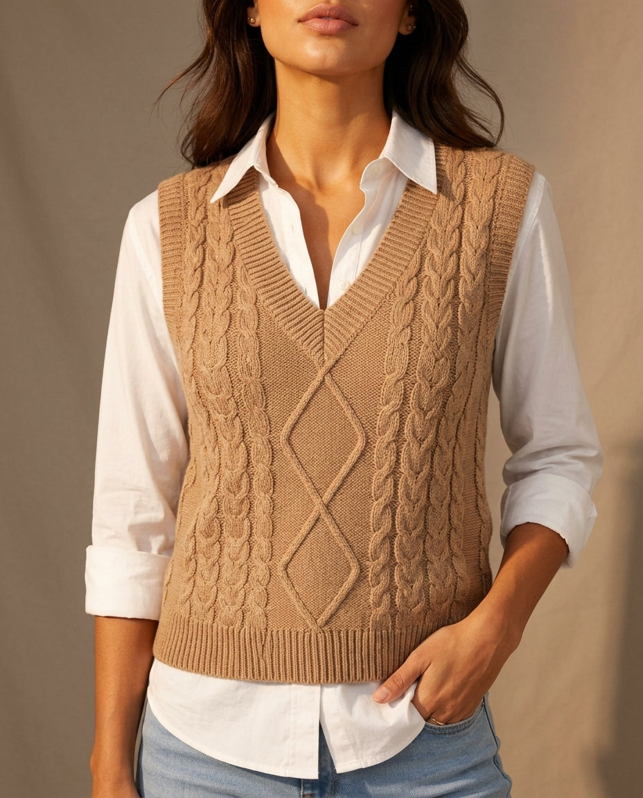 Marlowe Women's Cable Knit V-Neck Sweater Vest