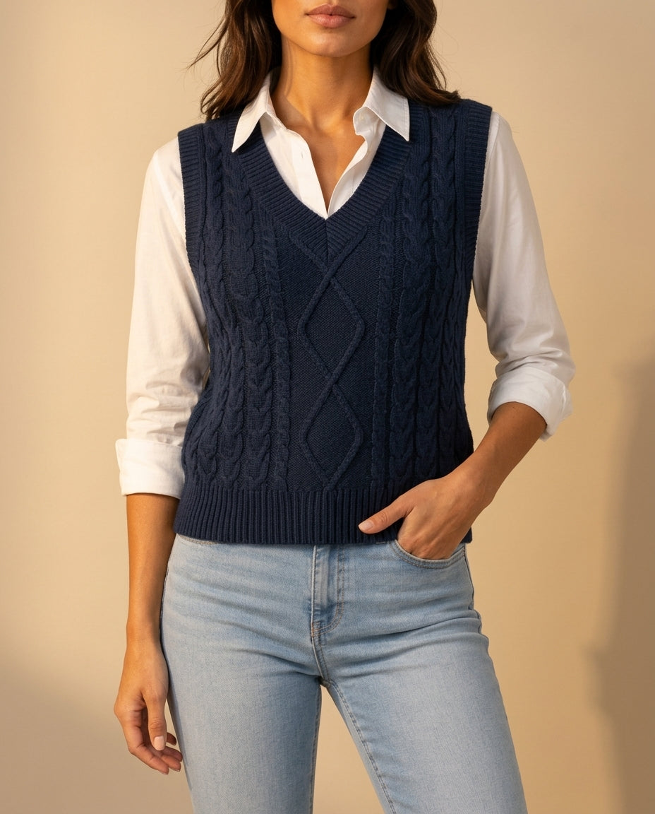 Marlowe Women's Cable Knit V-Neck Sweater Vest