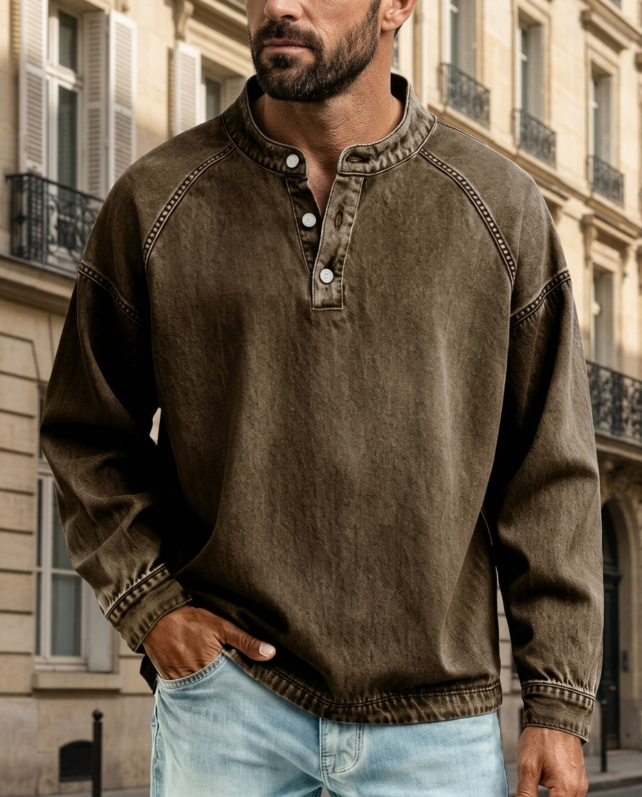 Weston Men's Vintage Washed Denim Henley Shirt