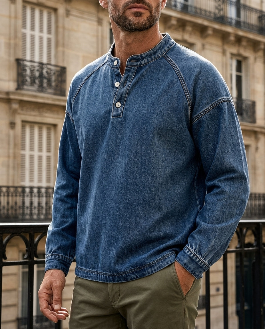Weston Men's Vintage Washed Denim Henley Shirt
