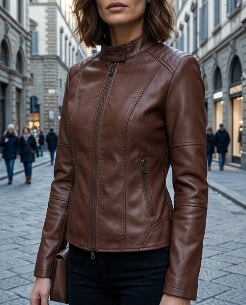 Adeline Women's Cropped Leather Moto Jacket